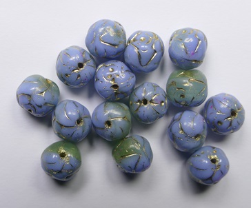 0090504 Blue with Green Gold Washed Rose Bud Beads 8 mm color 37504-54202