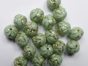 0100629 Mint Green Gold Washed Czech Glass Rose Bud Beads 8 mm 10 Stuks