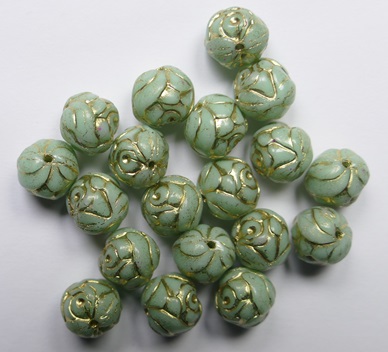 0100629 Mint Green Gold Washed Rose Bud Beads 8 mm color 56206-54202