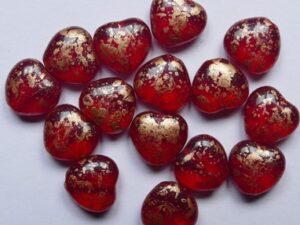 0050363 Siam Ruby Gold Splashed Czech Glass Heart Bead 8 mm 20 Pc
