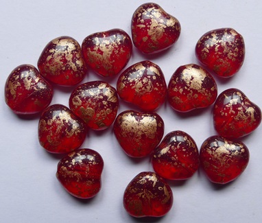 0050363 Siam Ruby Gold Splashed Czech Glass Heart Beads 8x8 mm color 90080-94402
