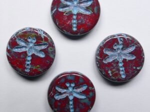0050368 Dark Opaque Coral Red Travertin Aqua Washed Dragonfly Beads 4 Pc.