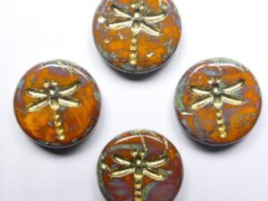 0060152 Opaque Orange Travertin Gold Washed Dragonfly Beads 4 Pc.