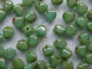 0100638 Green Turquoise Silver Picasso Czech Glass Dubbele Piramide 4x4 mm 50 stuks