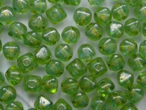 0100639 Aquamarine Gold Touched Czech Glass Dubbele Piramide 4x4 mm 50 stuks
