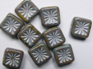 0100640 Opaque Yellow Travertin Silver Washed Squared Kiwi Beads. 8 Pc.