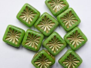 0100641 Green Silk Travertin Gold Washed Squared Kiwi Beads. 8 Pc.