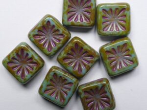 0100642 Opaque Blue Turquoise Travertin Hot Pink Washed Squared Kiwi Beads. 8 Pc.