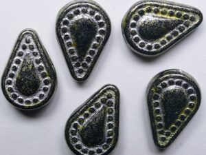 0010557 Jet Silver Washed Black Stone Filigree Teardrop Glass bead 14x10 mm 8 Pc.