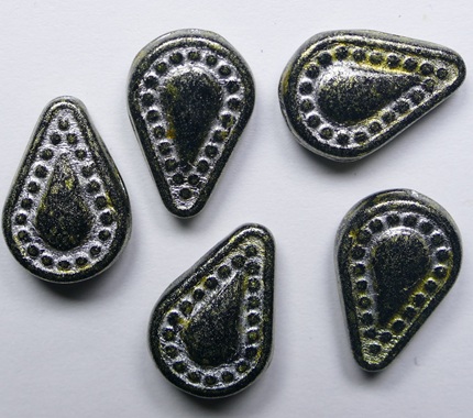 0010557 Jet Silver Washed black Stone Filigree Teardrop Glass bead 14x10 mm color 23980-54301-34302