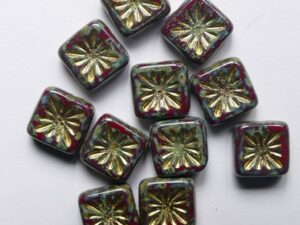 0050375 Opaque Red Travertin Gold Washed Squared Kiwi Beads. 8 Pc.