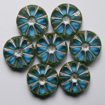 0090531 Aquamarine Travertin Silver Washed Table Cut Sunflower Bead color 60010-86800-54301