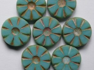 0100654 Opaque Green Turquoise Travertin Copper Washed Table Cut Sunflower Bead 5 Pc.