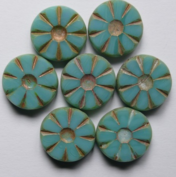 0100654 Opaque Green Turquoise Travertin Copper Washed Table Cut Sunflower Bead color 63120-86800-54319