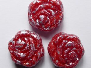 Red Opal Silver Splashed Czech Glass Carved Rose Flower Beads