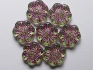 Peridot Hot Pink Washed Boho Flower Beads 14 mm