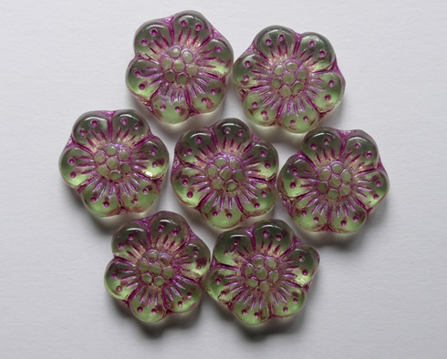 0070510 Peridot Hot Pink Washed Boho Flower Beads 14 mm color 50020-43807 Peridot Hot Pink Washed Boho Flower Beads 14 mm