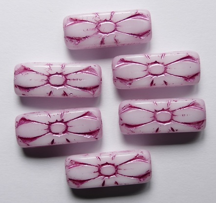 0070511 White Alabaster Hot Pink Washed Flower Rectangle kralen 20x8 mm color 02010-43807 White Alabaster Hot Pink Washed Flower Rectangle kralen