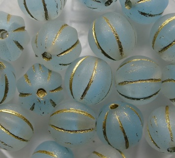 Matte Crystal Aquamarine Gold Striped Melon Beads 8 mm