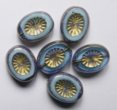 0090540 Light Aquamarine Turquoise Azur Melee Gold Bronze Washed Table Cut Oval Kiwi Bead 14x10 mm color 54200-60000-90215 Light Aquamarine Turquoise Azur Melee Gold Bronze Washed Kiwi Table Cut Bead