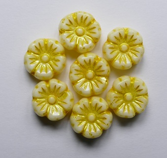 0130168 Chalk White Bright Yellow Washed Hibiscus Flower Beads 9 mm color 03000-54320 Chalk White Bright Yellow Washed Hibiscus Flower Beads 9 mm