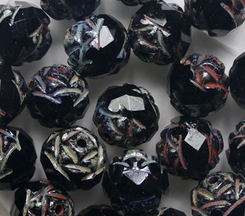 0010564 Opaque Jet Dark Travertin Facetted Roses Czech Glass Beads 8 mm color 23980-86805 Opaque Jet Dark Travertin Facetted Roses Czech Glass Beads 8 mm