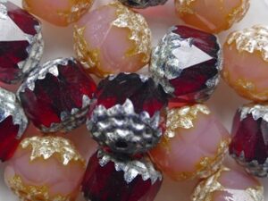 Mixed Dark Siam Ruby- Pink Opal Old Silver Washed Cathedral Facet 8 mm