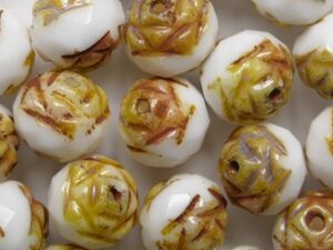 Chalk White Dark Travertin Facetted Roses Czech Glass Beads 8 mm