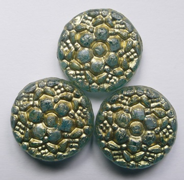 Crystal Turquoise Luster Gold Washed Vesna Flower Coin Beads