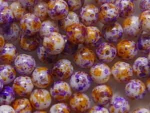 04-R-02010-48504 White Alabaster Purple-Orange Splatter Druk Round Glass beads 4 mm