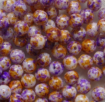 04-R-02010-48504 White Alabaster Purple-Orange Splatter Druk Round Glass beads 4 mm