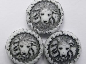 White Alabaster Dark Grey Washed Lions Head Coin Beads