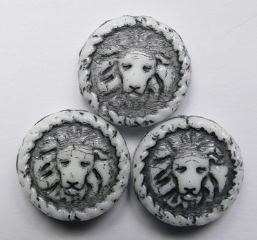 0020339 White Alabaster Dark Grey Washed Lions Head Beads 18 mm color 02010-43815 White Alabaster Dark Grey Washed Lions Head Coin Beads
