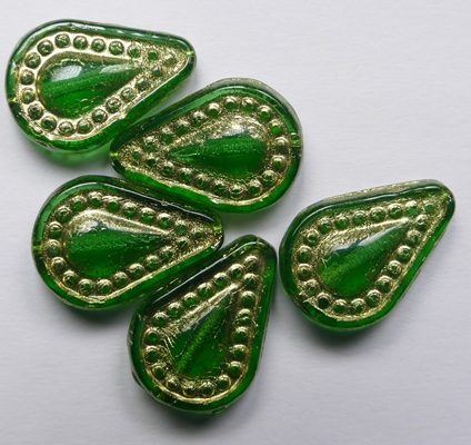 Green Emerald Gold Washed Filigree Teardrop Glass bead