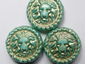White Alabaster Milky Turquoise Green Gold Washed Lions Head Coin Beads