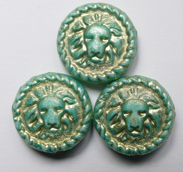 White Alabaster Milky Turquoise Green Gold Washed Lions Head Coin Beads