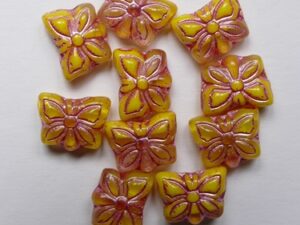Opaque-Transparent Pink Yellow Melee Fuchsia Washed Czech Glass Butterfly Beads