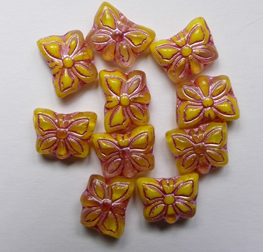 Opaque-Transparent Pink Yellow Melee Fuchsia Washed Czech Glass Butterfly Beads