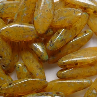 0030410 Crystal Travertin Orange Spotted Czech Glass Dagger Beads 16x5 mm color 00030-86800-33302 Crystal Travertin Orange Spotted Czech Glass Dagger Beads 16x5 mm