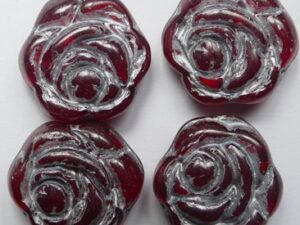 Light Siam Ruby Silver Washed Czech Glass Carved Rose Flower Beads