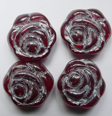 0050381 Light Siam Ruby Silver Washed Czech Glass Carved Rose Flower Beads 18 mm color 90070-54301 Light Siam Ruby Silver Washed Czech Glass Carved Rose Flower Beads