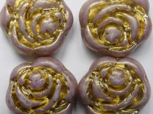 White Alabaster Pink Stone Gold Washed Czech Glass Carved Rose Flower Beads