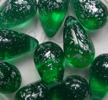 0100680 Emerald Silver Splashed Czech Glass Drops 15x9 mm color 50720-94400 Emerald Silver Splashed Czech Glass Drops