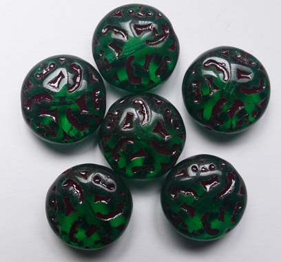0100682 Emerald Garnet Washed Lentil Beads with Ornament 14 mm color 50720-54314 Emerald Garnet Washed Lentil Beads with Ornament